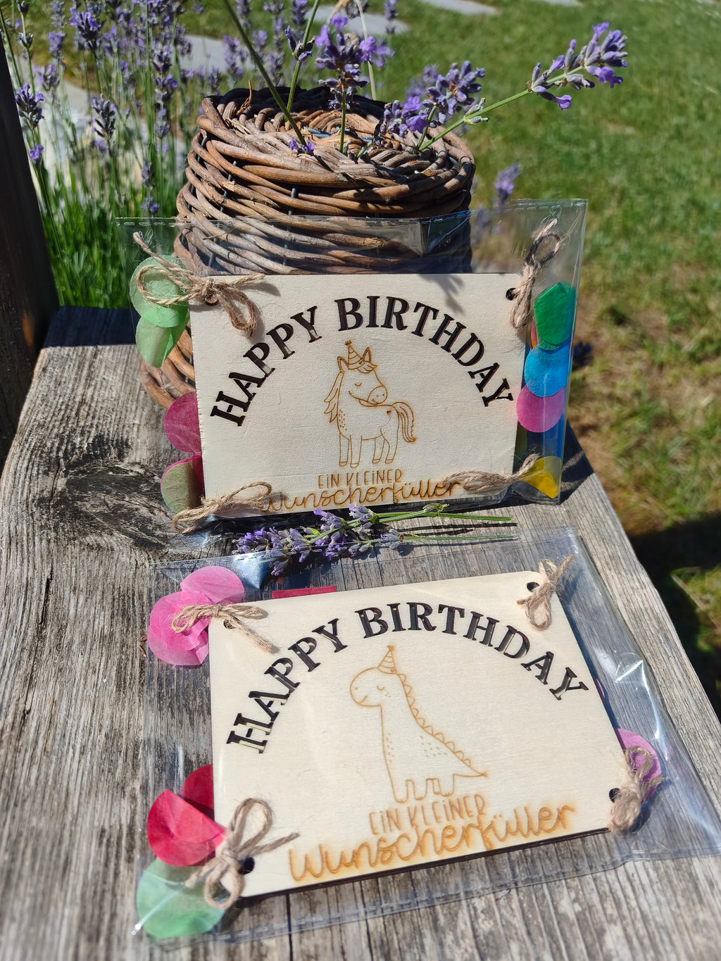 Holzkarte für Geldgeschenke „Dinosaurier" oder „Einhorn" – Happy Birthday