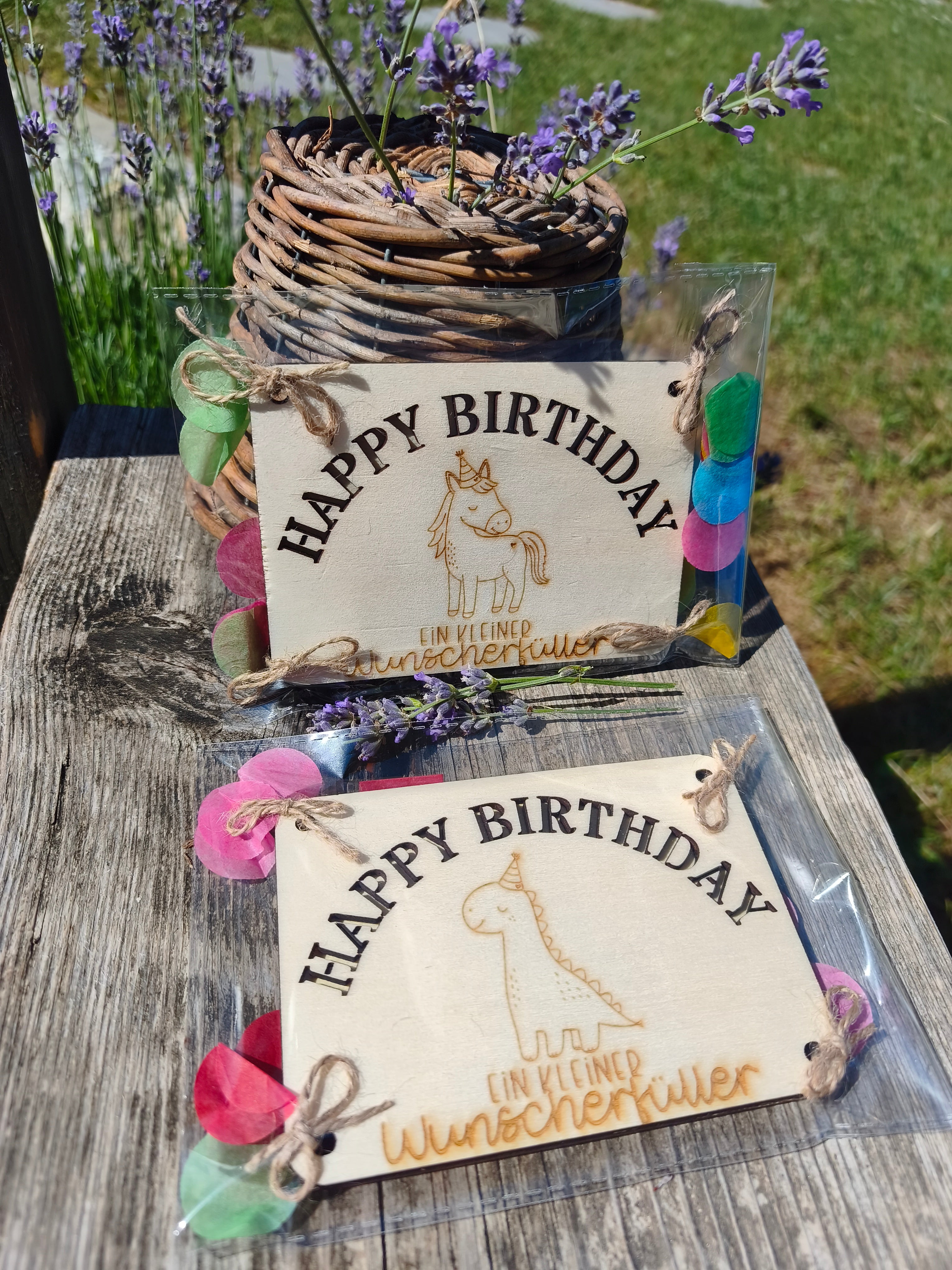 Holzkarte für Geldgeschenke „Dinosaurier" oder „Einhorn" – Happy Birthday